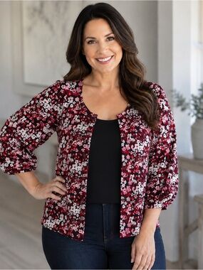Style & Co. Women’s Large Floral Puff Sleeve Button-Front Cardigan Top